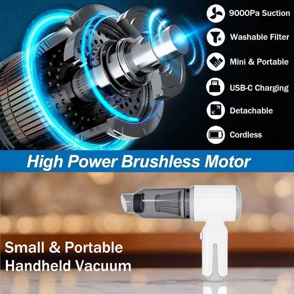 Skiennix Mini Cordless Car Vacuum - High Power 9000PA Suction | Portable 3-in-1 Handheld Cleaner