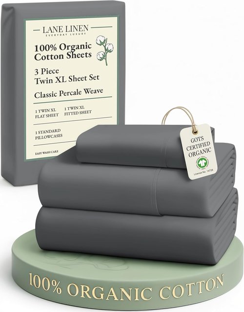 LANE LINEN Twin XL Sheets Set - 100% Organic Cotton, Crisp Percale, Fade Resistant | Charcoal Color