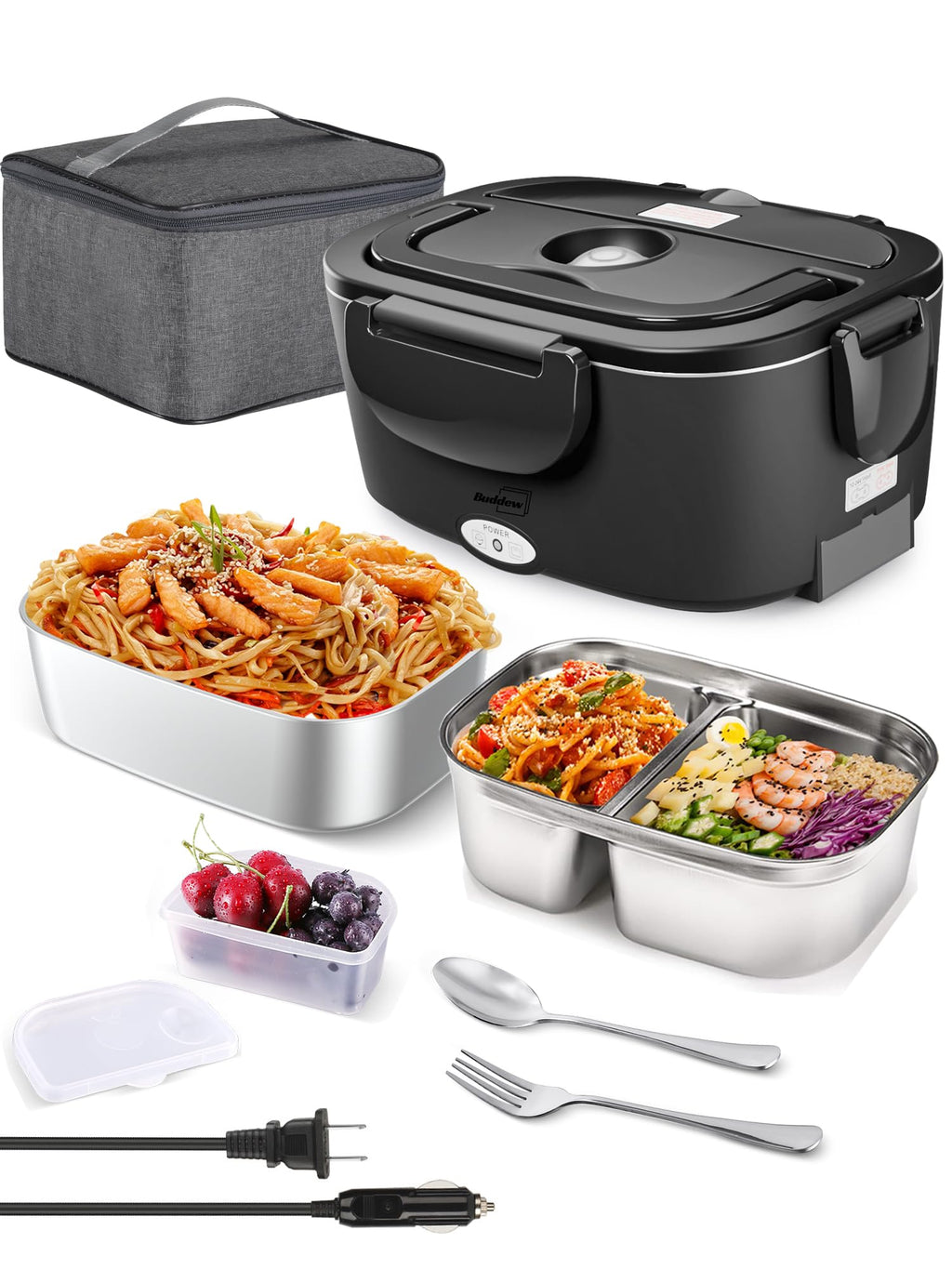 Buddew Electric Heated Lunch Box, 80W Fast Heating with Dual 1.5L Food-Grade 304 Stainless Steel, 12V/24V/110V Portable Food Warmer for Car Truck Office Adults, Lonchera Electrica Portatil (Black)