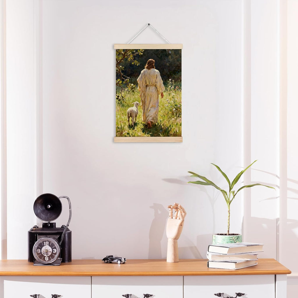 MKIJUHB Jesus Wall Art - Framed Canvas Print of Jesus and Lamb for Home or Church | 12x16 Inch