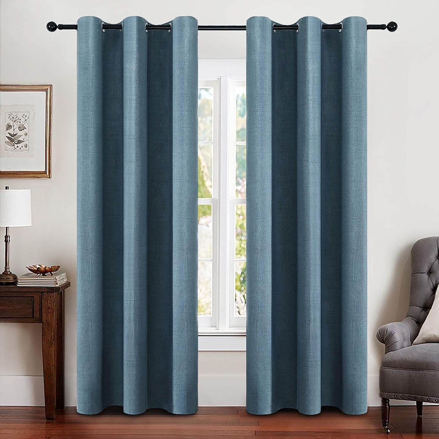 MIULEE Linen Blackout Curtains - 100% Room Darkening Thermal Insulated Grommet Panels | 42"x90", Dusty Blue