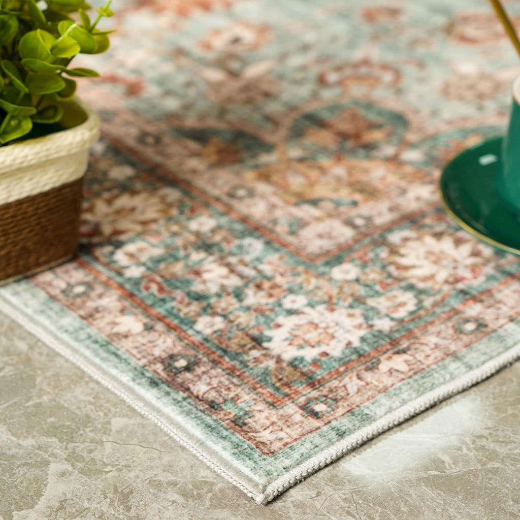 Washable Oriental Area Rug - 2x3 Rugs for Living Room Soft Carpet for Bedroom Waterproof Floral Distressed Indoor Stain Resistant Non-Shedding Floor Carpets (Green, 2x3)