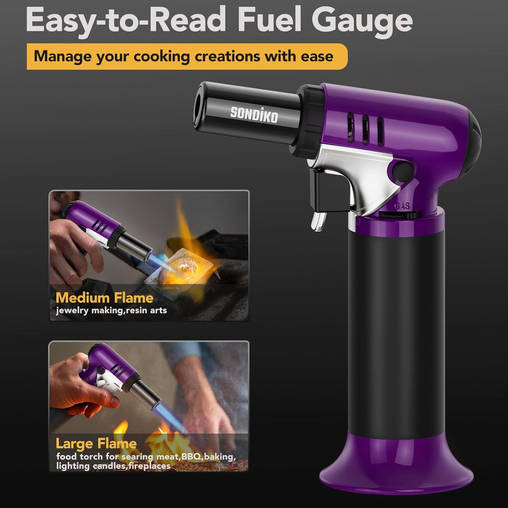 Sondiko Butane Torch - Refillable Soldering Lighter with Adjustable Flame | Purple & Black