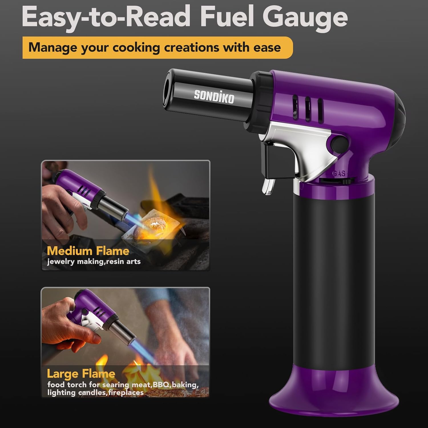 Sondiko Butane Torch - Refillable Soldering Lighter with Adjustable Flame | Purple & Black