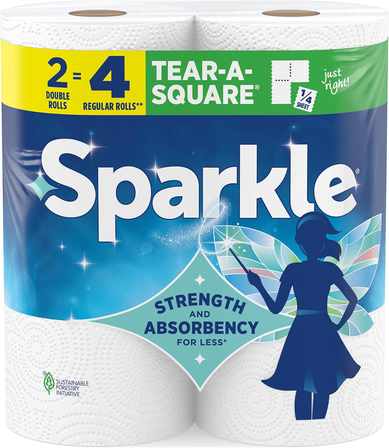 Sparkle Paper Towels - Strong 2-Ply Tear-A-Square Design | 2 Double Rolls (220 Sheets) for Kitchen Cleanup
