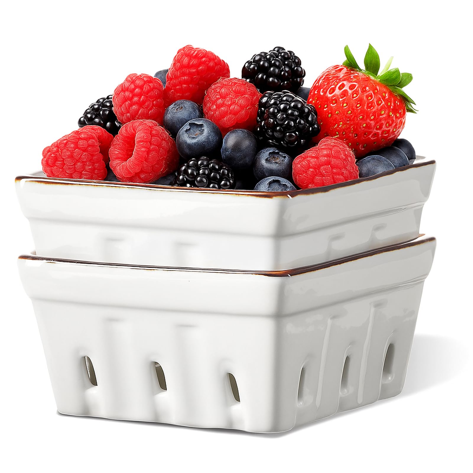 ONEMORE Ceramic Berry Basket Square Fruit Bowls with Holes Berry Bowl Colander Fruit Basket for Kitchen Décor - 5.8" Berry Containers for Fridge, Set of 2, Cream White