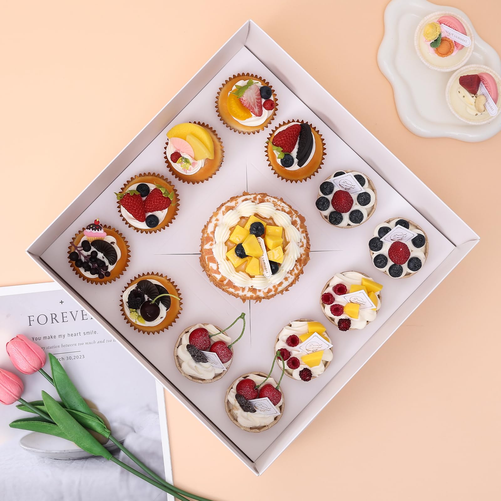 CHENZEM 5 Packs Bento Cake and Cupcake Box Fit 12 muffin Cupcakes and 1 Mini Cake Box with Clear Window and Stickers for Wedding Birthday Valentine'Day Party Baking Supplies (White, 1+12(5Pack))