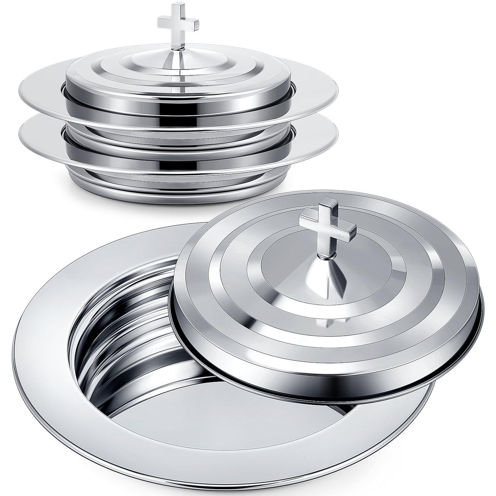 Zhehao 2 Plates Silver Communion Set, Holy Trays with Lid, Stainless Steel Bread Tray Plates for Churches, Holy Communion Tray with Cover, Polished Church Supplies Ware Sets