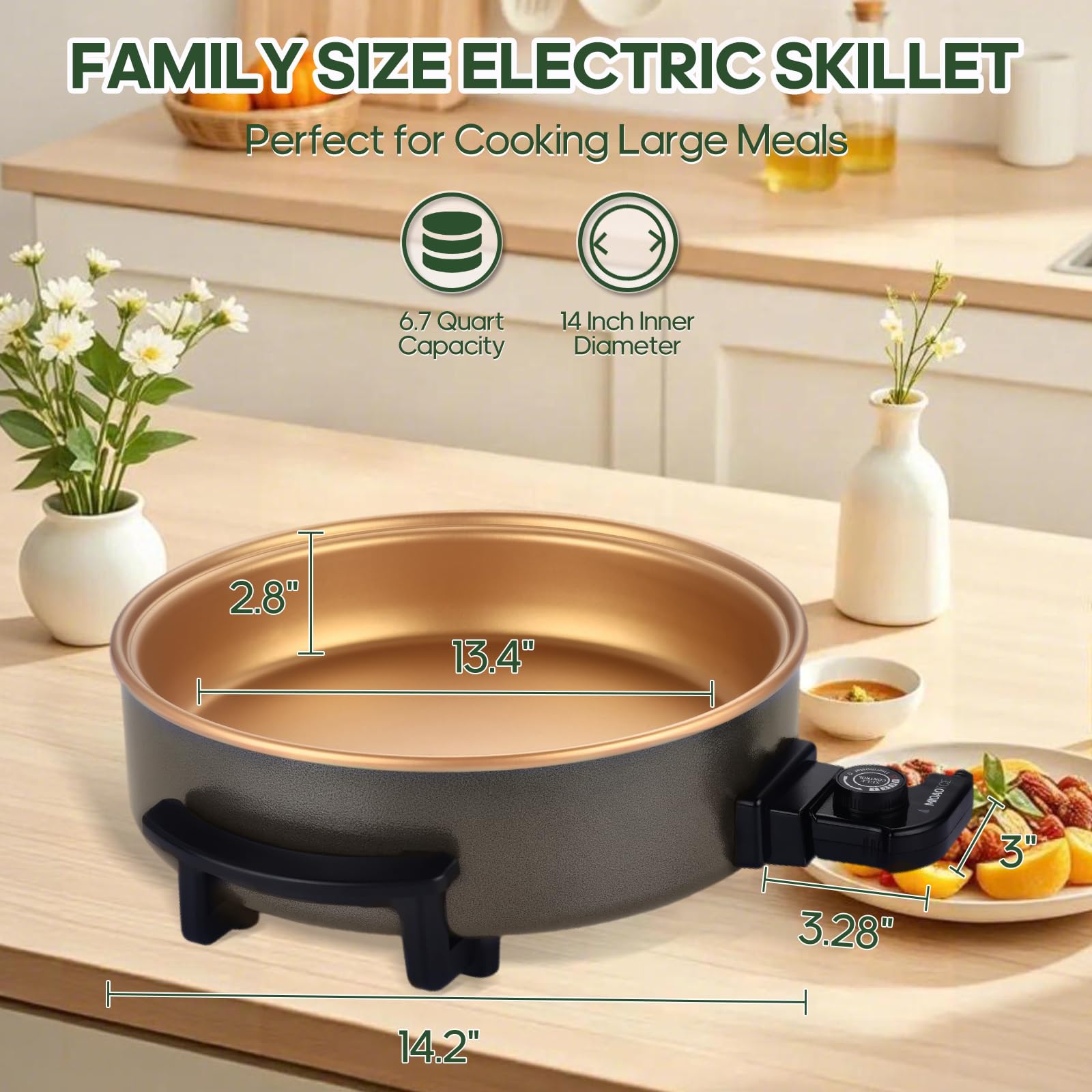 MIOAOTCE 14" Large Electric Skillet with lid, Ceramic Nonstick Coating Electric Frying Pan, 1500W Quick & Even Heating, 5 Adjustable Temperature Control, Tempered Glass Lid & Cool-Touch Handles