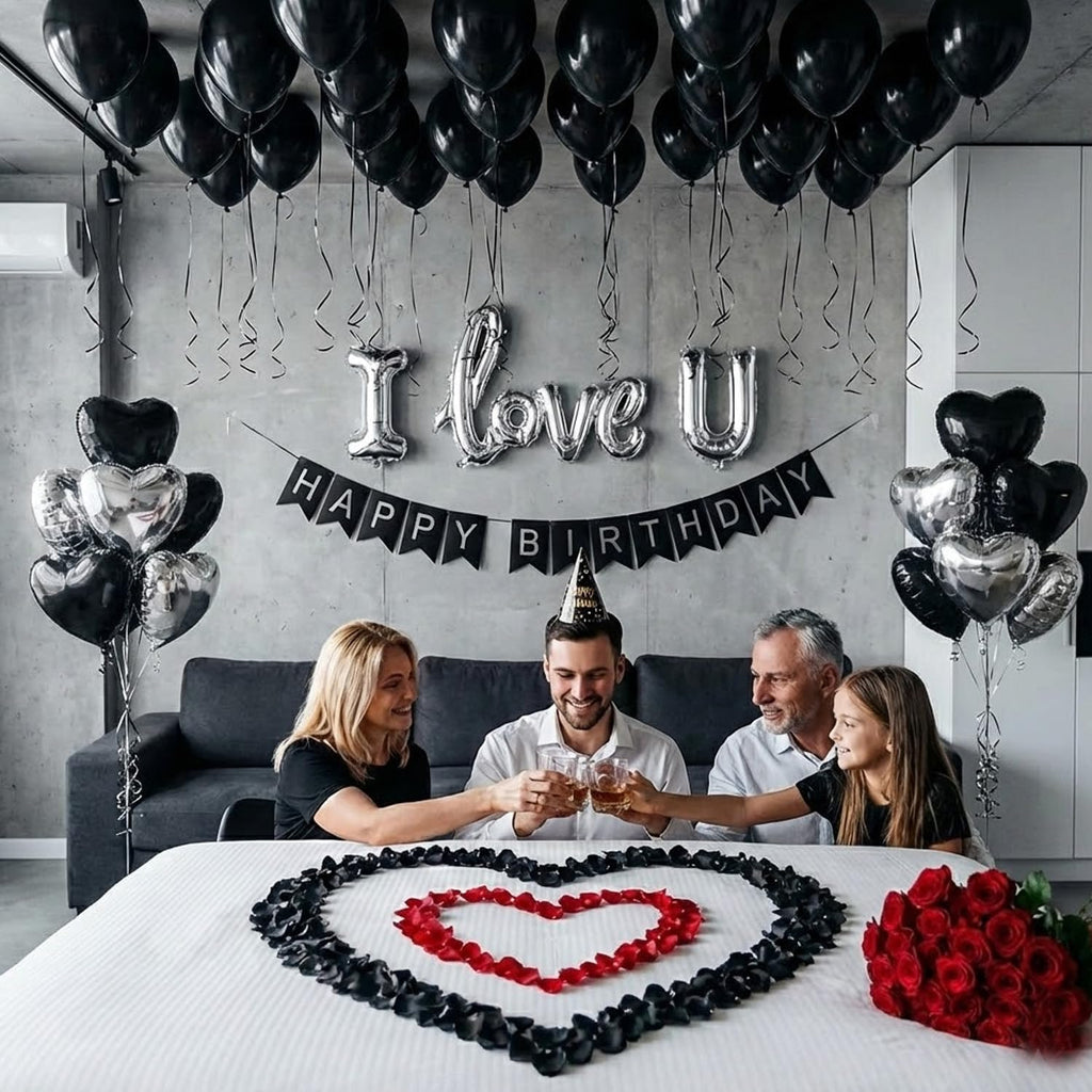 Black Silver Romantic Special Night Decorations with I Love You and Heart Balloons & 600 Rose Petals for Anniversary, Valentine Day, Bedroom, Hotel Room, Birthday Decorations for Him
