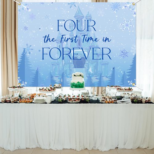 Frozen Four The First Time in Forever Birthday Backdrop Frozen 4th Birthday Party Decorations Kids 4th Birthday Party Photo Background, 7 * 5Ft