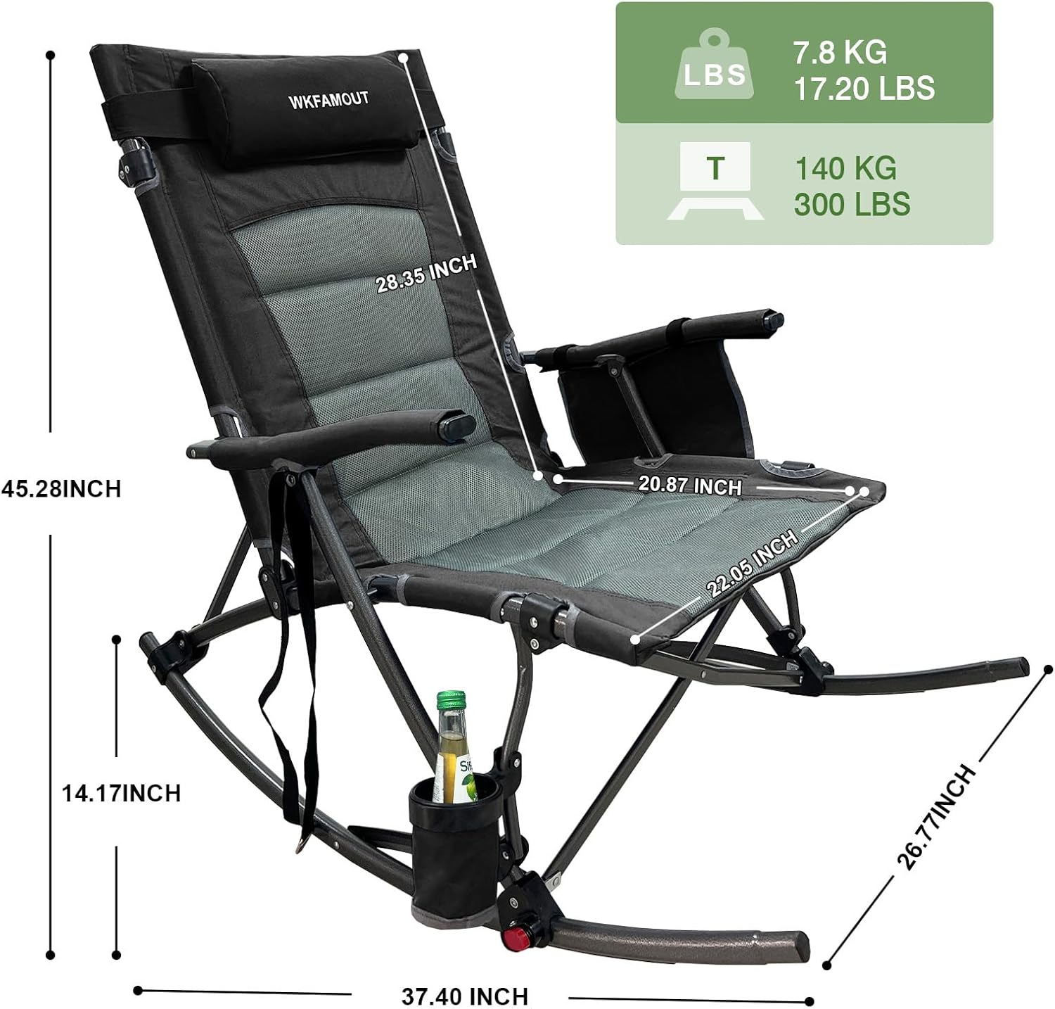 Skiennix Oversized Rocking Camping Chair - 13.8" High Seat with Foot Rest & Headrest, Supports 300 lbs | Portable Folding Design