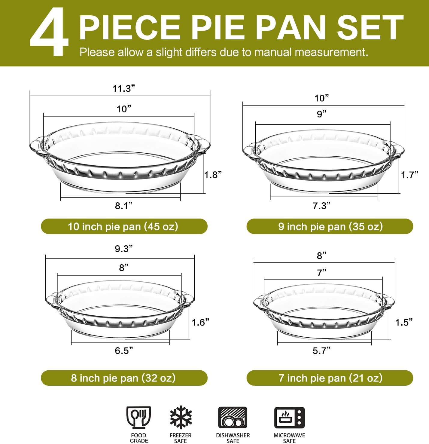 MCIRCO Glass Pie Plates Set - Deep Baking Dishes with Handles | 4 Packs (7"/8"/9"/10") Clear
