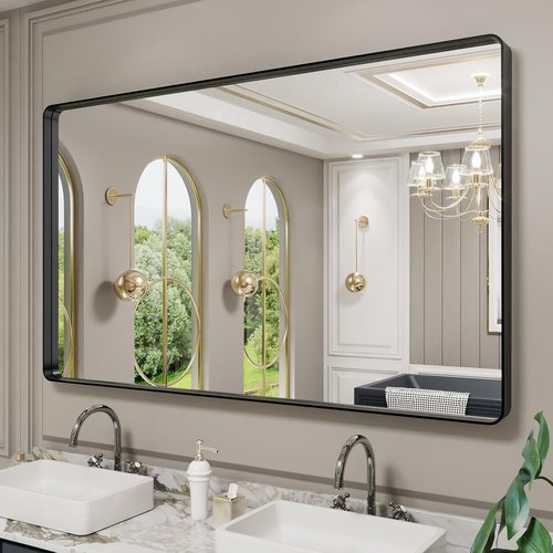 LOAAO Black Metal Framed Bathroom Mirror - Large 60x36 Inch Rounded Rectangle | Anti-Rust Tempered Glass