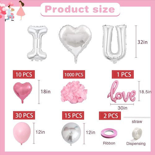 32 Inch I Love You Balloons Pink Silver Balloon with Heart Shaped, Love Foil Balloons and 1000 Pieces Pink Rose Petals for Anniversary Valentine's Day Proposals Romantic Decoration Kit