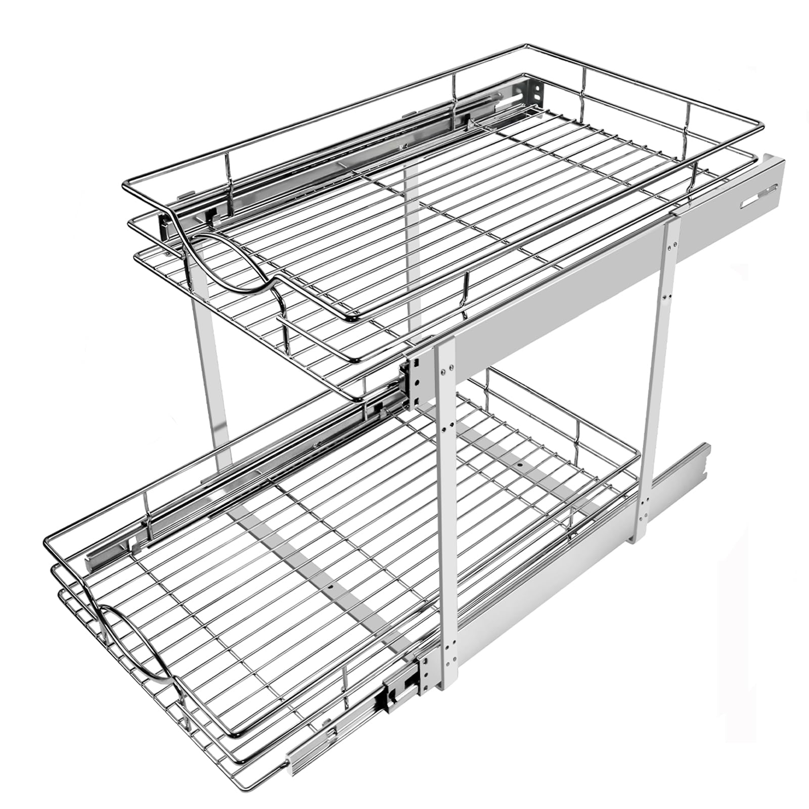 Sikarou Pull Out Cabinet Organizer 14" W x 21" D 2-Tier Individual Slide Out Drawer Pantry Shelf Storage for Kitchen Base Cabinet Organization for Kitchen, Bathroom, Pantry, Chrome