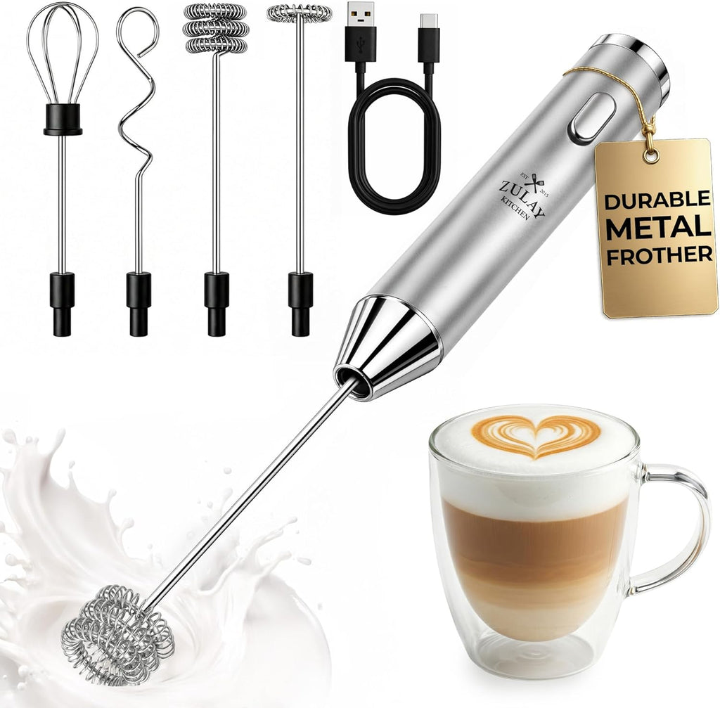 Zulay Kitchen Rechargeable Milk Frother - Handheld Electric Drink Mixer with 3 Whisk Attachments | USB-C Charging, Lasts Up to 6 Months