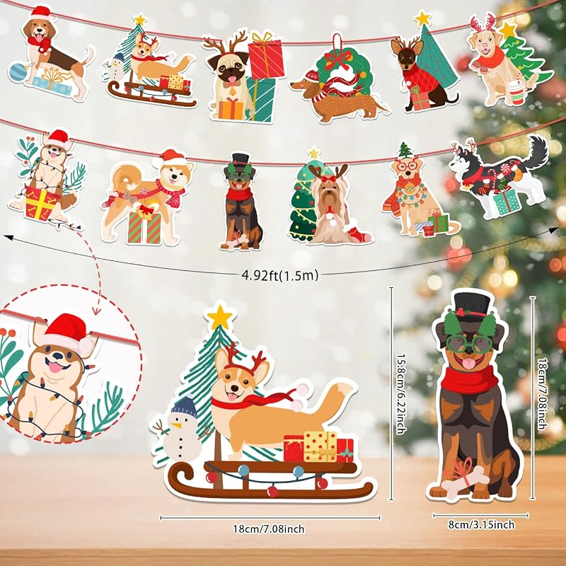 Dog Christmas Banner Garland - 4.9ft Puppy Themed Holiday Decor
