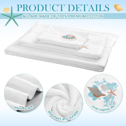 Peryiter 3 Pcs Beach Hand Towels for Bathroom Cotton Embroidered 1 Bath Towel 1 Hand Towel and 1 Wash Cloth Absorbent Bath Sheets for Bathroom Decor(White,Shells)