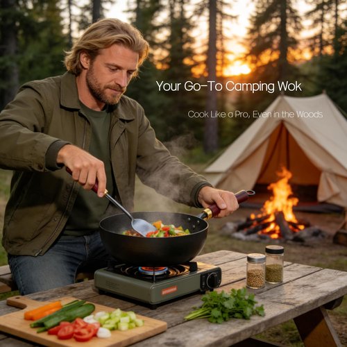 Calmabode 10" Pre-Seasoned Carbon Steel Wok - Fast, Even Heating - Works on Gas, Electric & Induction - Durable Commercial-Grade - Ready-to-Use, Easy Maintenance - Toxin-Free Cooking - Deep Pan