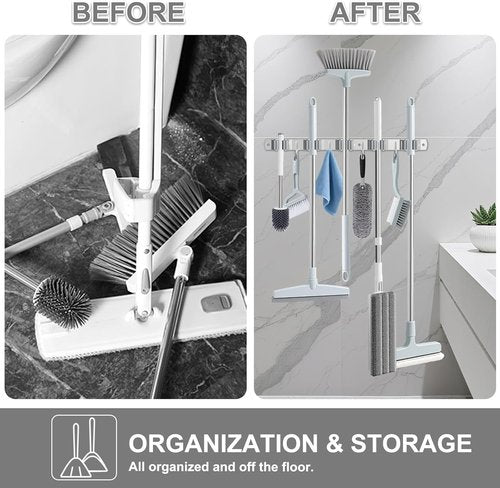 HANZENMA Broom Holder Wall Mount - Heavy-Duty Stainless Steel Organizer for Home & Garage | 5 Racks, 4 Hooks