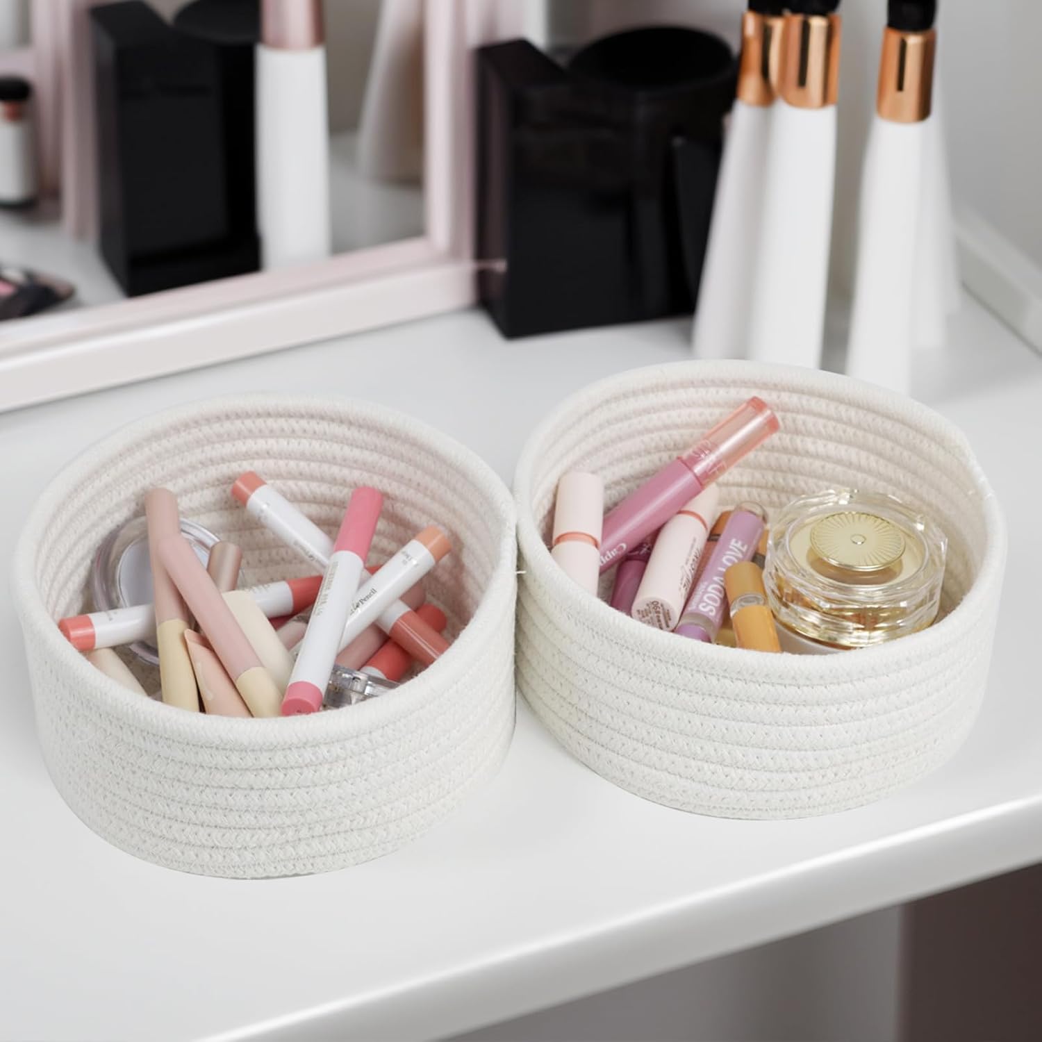 Small Woven Baskets Set by [Brand Name] - Cute Cotton Rope Organizing Bins for Nursery & Bathroom