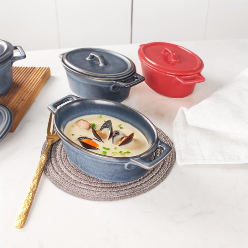 Ceramic Mini Oval Cocotte Set - 10 Ounce Casserole Dishes with Lids | Set of 2, Blue, Oven & Microwave Safe