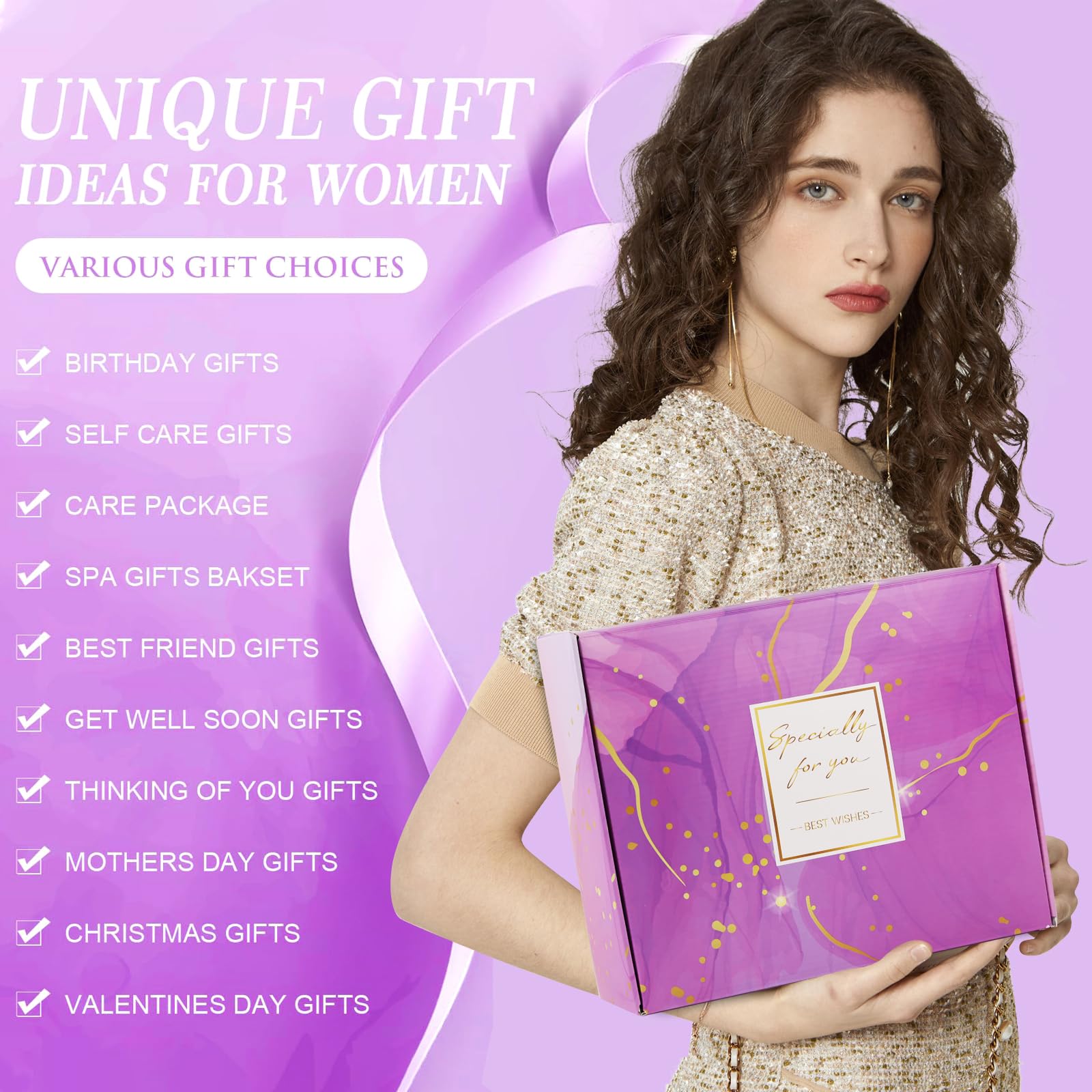 Mothers Day Birthday Gifts for Women Self Care Gift Get Well Soon Gifts, Rose Relaxing SPA Gift Basket Care Package, Luxury Flannel Blanket Valentine's Day Gift for Her Wife Mom Grandma Friend Purple