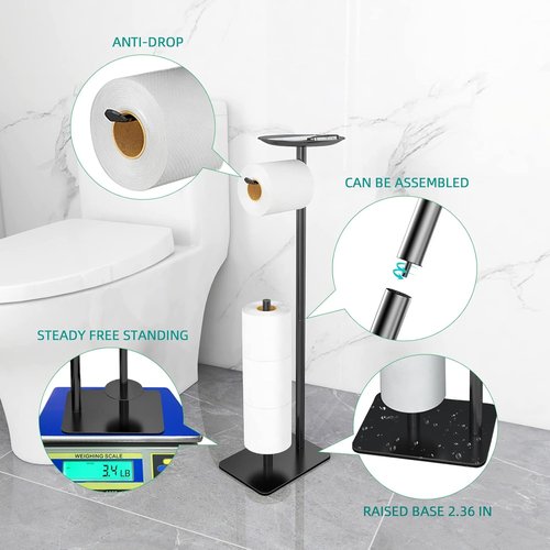 Feilern Toilet Paper Holder Stand - Floor Standing Dispenser with Top Shelf Storage - Black