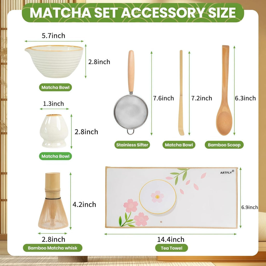 Skiennix 7-Piece Matcha Set - Japanese Matcha Kit with Ceramic Bowl, Whisk, Sifter & More