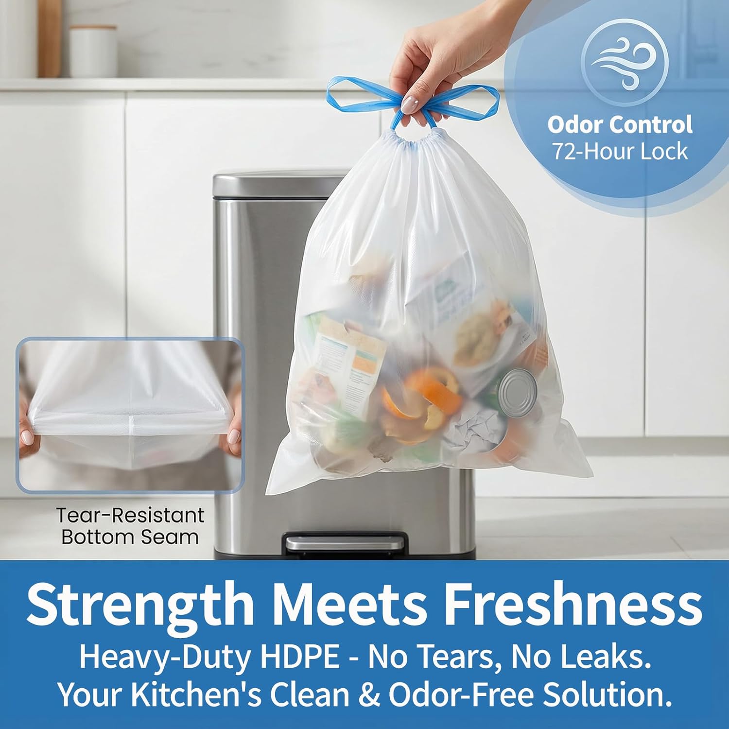 Skiennix 4 Gallon Drawstring Trash Bags - Thick 1.1 Mil White Plastic Wastebasket Liners | Unscented, 15 Liter