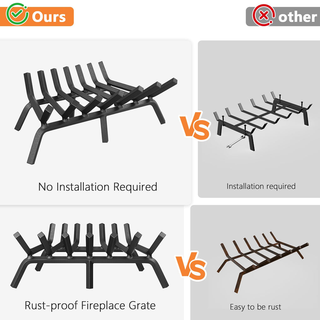 HYTXEN Fireplace Grate 24 Inch, Fireplace Grates Heavy Duty Cast Iron Solid Steel 7 Bars Fire Pit Grate with 6 Support Legs, Fireplace Log Grate Outdoor Indoor Wrought Iron Wood Burning Rack