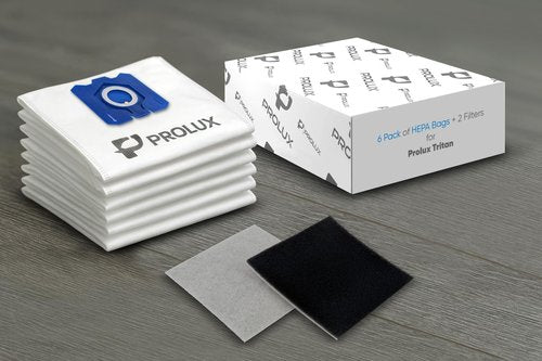 6 pack of HEPA bags and 2 post Filters for the Prolux Tritan series upright vacuum cleaners