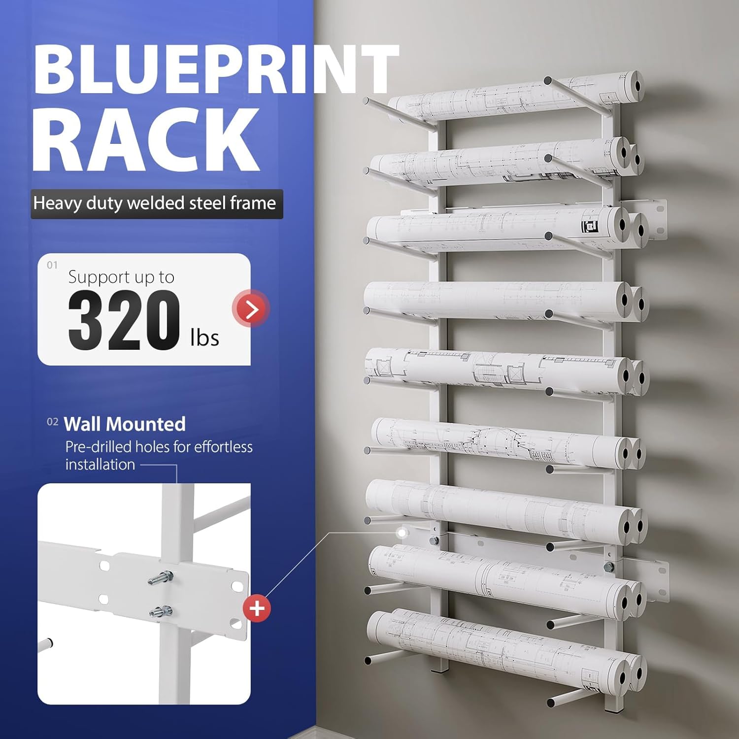 Skiennix Wall Mount Blueprint Storage Rack - Heavy Duty Roll File Holder for Plans & Posters | 320 lbs Capacity