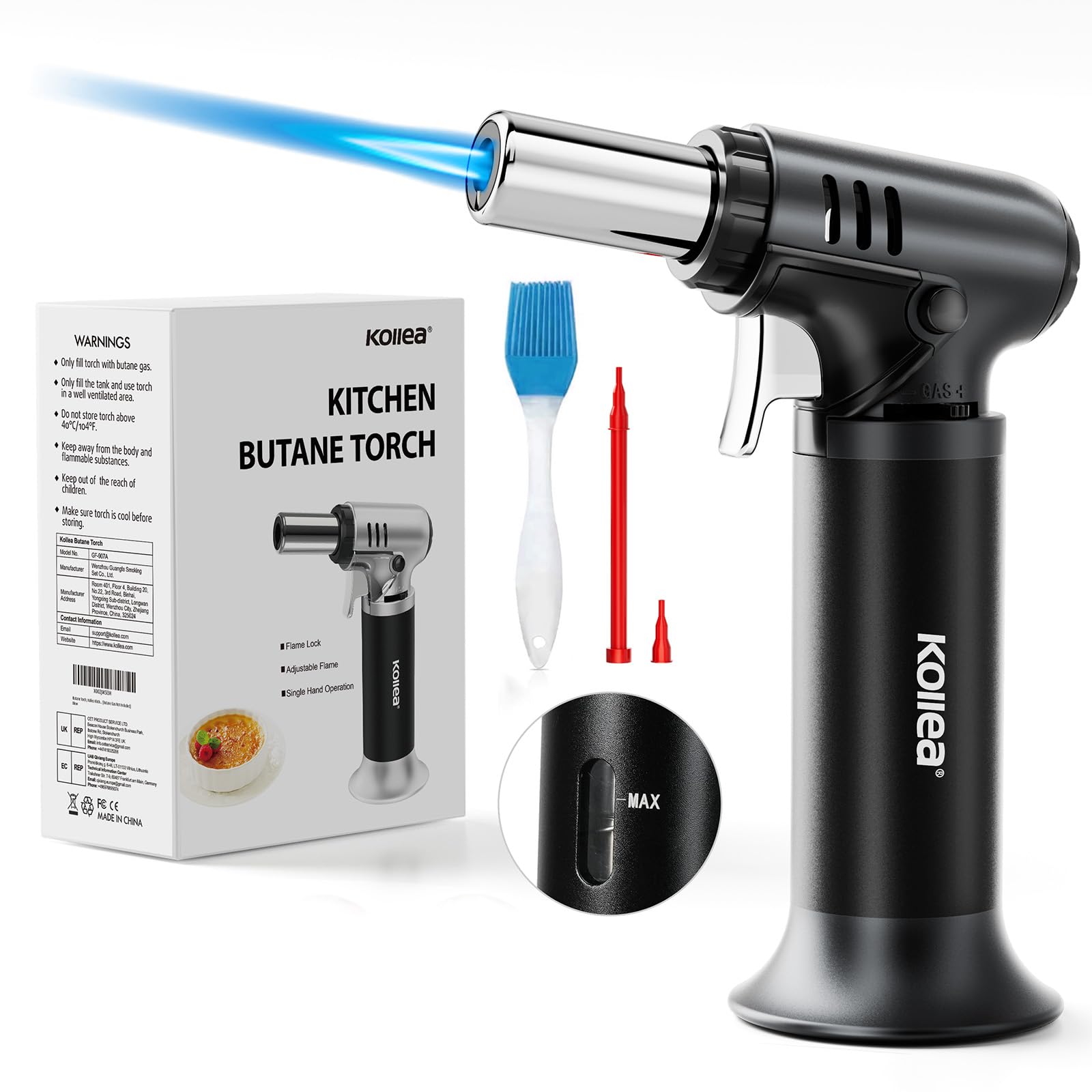 Kollea Butane Torch with Fuel Gauge T907, One-hand Operation Culinary Blow Torch Lighter with Safety Lock & Adjustable Flame for Cooking, Baking, Creme Brulee, Food Desserts (Butane Gas Not Included)