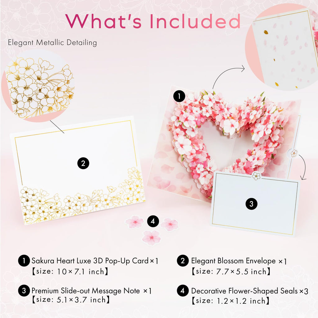 HIBINO 3D Pop-Up Sakura Heart Card | With Slide-Out Message Note | Handcrafted Floral Design | Perfect for Mother's Day, Anniversaries, Birthdays, Weddings, Valentine’s Day, and More | Designed in Japan