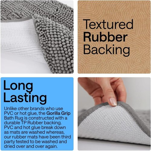 GORILLA GRIP Plush Chenille Bath Rug Mat - Soft Microfiber for Oval Toilet Base | Machine Washable, Grey