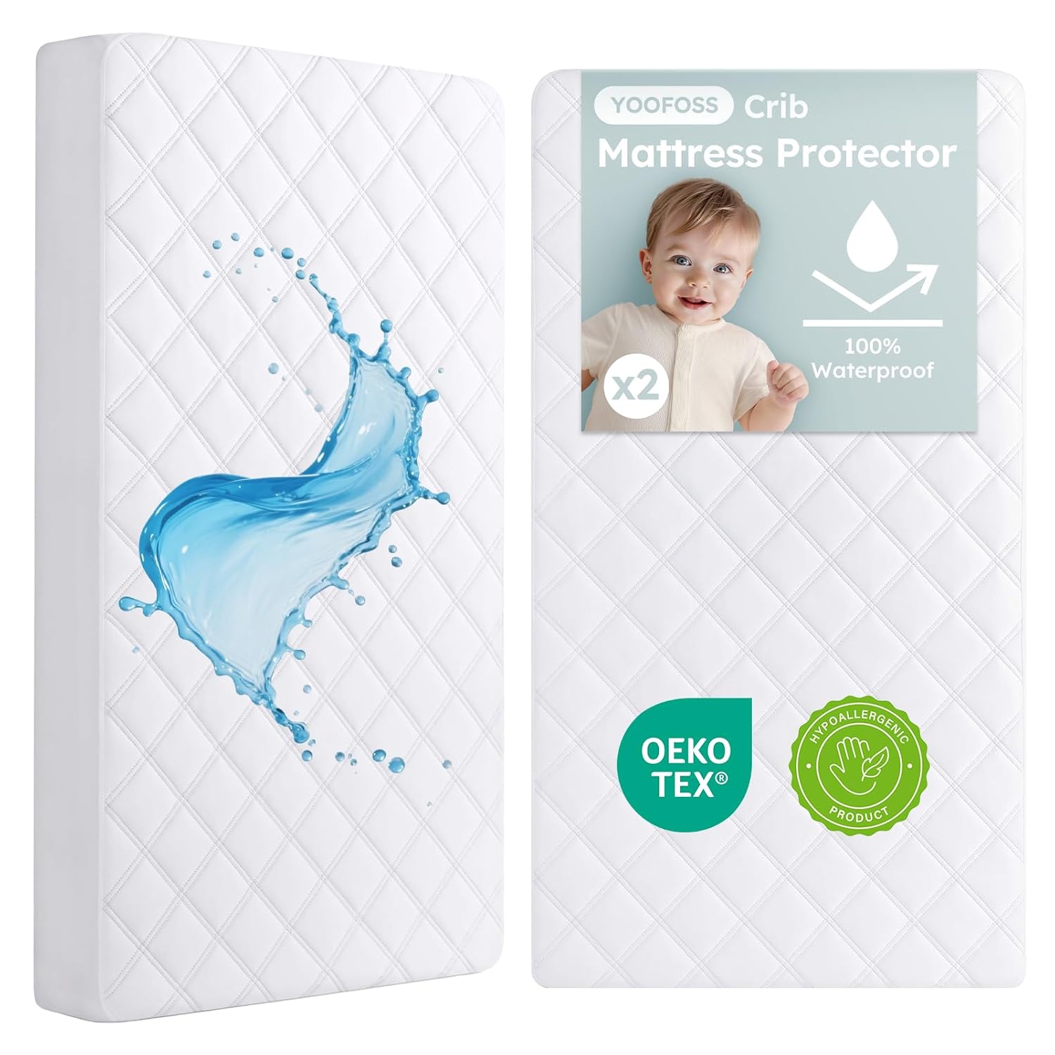 Yoofoss Waterproof Crib Mattress Protector - Ultra Soft & Breathable 2-Pack | Fits Standard Crib 52''x28''