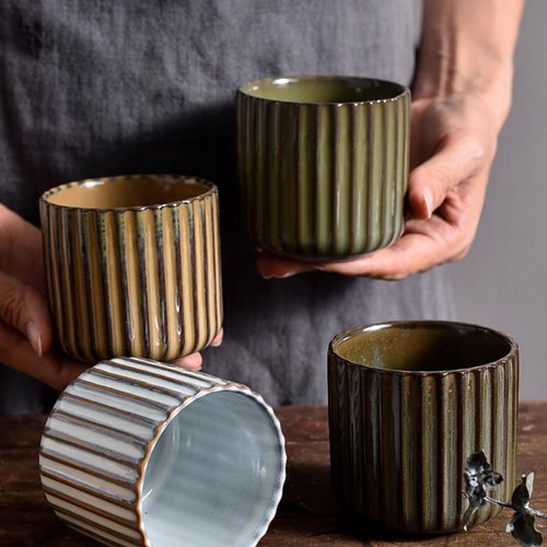 LILITURF Vinitage Ceramic Mug, Japanese Tea Cup 6oz Striped Cup No Handle Drinking Cup for Latte Milk Water Beverage Juice Microwave and Dishwasher Safe, Kiln Transformation Cup (Brown)
