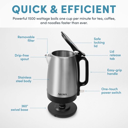 AROMA® 1.7-Liter Electric Kettle with Rapid Boil and Auto-Shut-Off in Stainless Steel (AWK-1401SB)