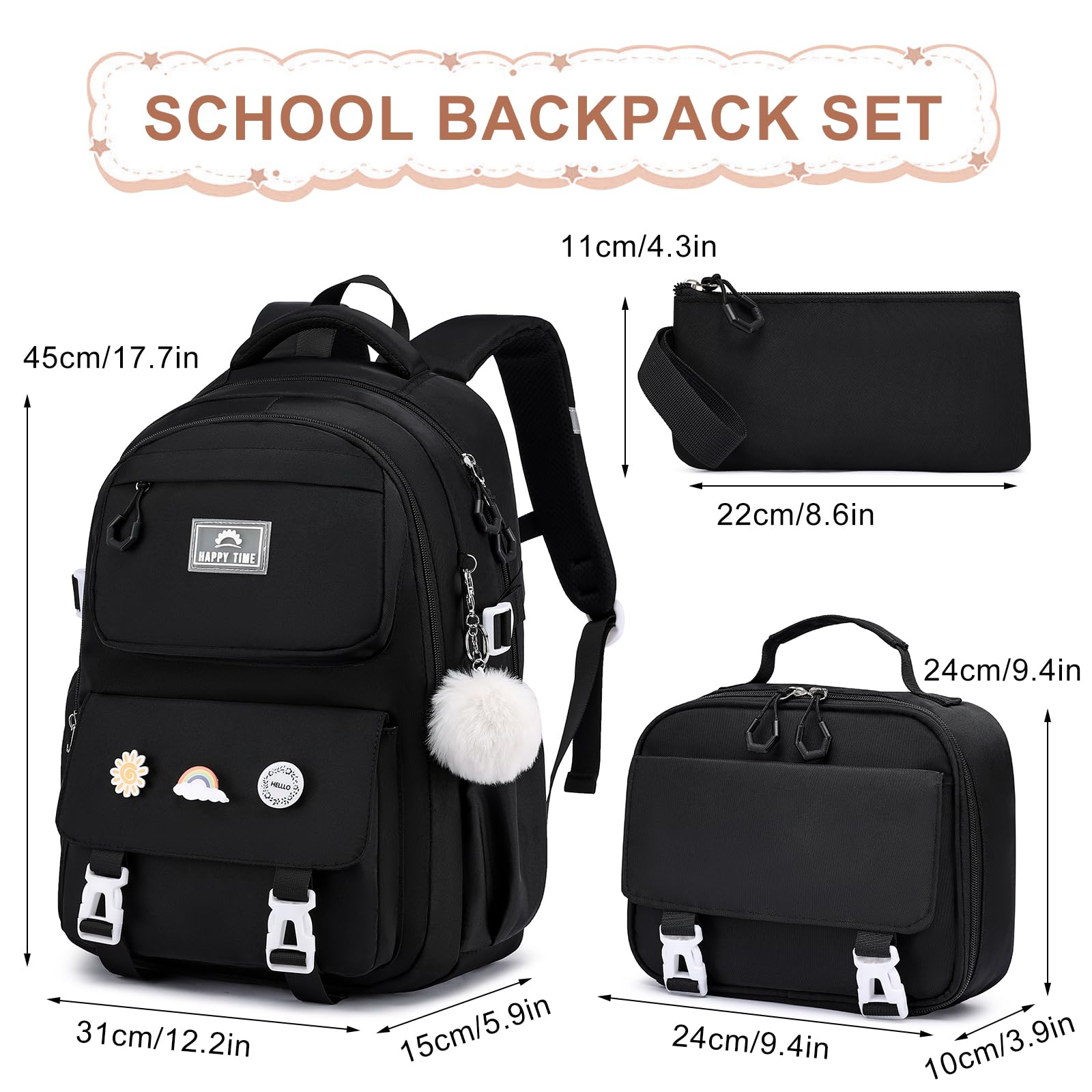MOMUVO School Backpack Set for Girls,3pcs Bookbag with Lunch Box Pencil Case Kids School Bag Set