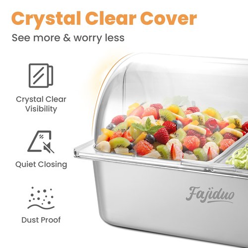 Countertop Ice Food Serving Display Container, Spice Display Salad Dressing Cooler, Stainless Steel Food Serving Tray Buffet Condiment Dispenser with Clear Roll Top Cover, Clamps, Spoons, Ice Packs