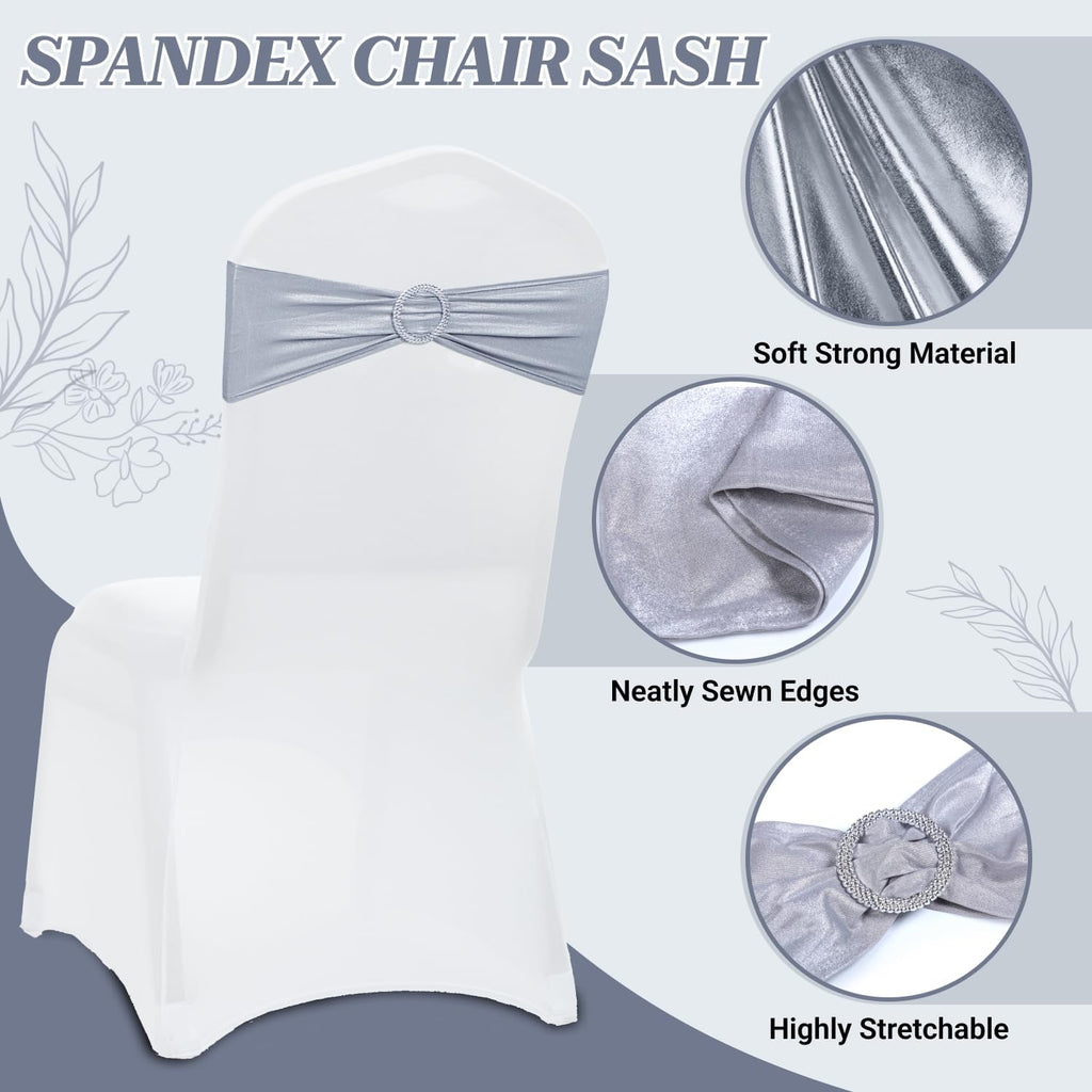 MDS Spandex Foil Chair Sashes - Universal Elastic Stretch Bands with Buckle for Weddings | Metallic Silver, Pack of 100