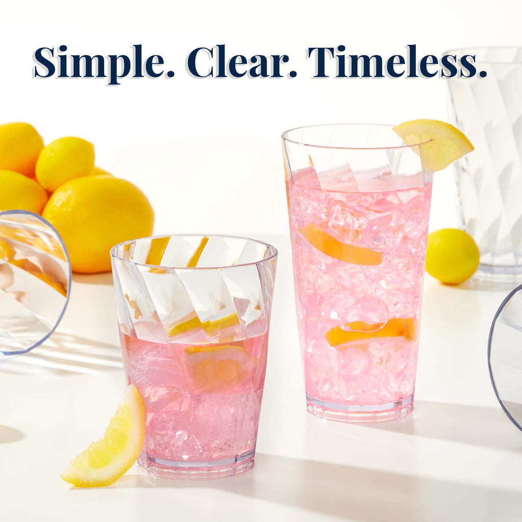 US Acrylic Optix Plastic Reusable Drinking Glasses (Set of 16) 14oz Rocks & 20oz Water Cups in Clear | BPA-Free Tumblers, Made in USA | Top-Rack Dishwasher Safe