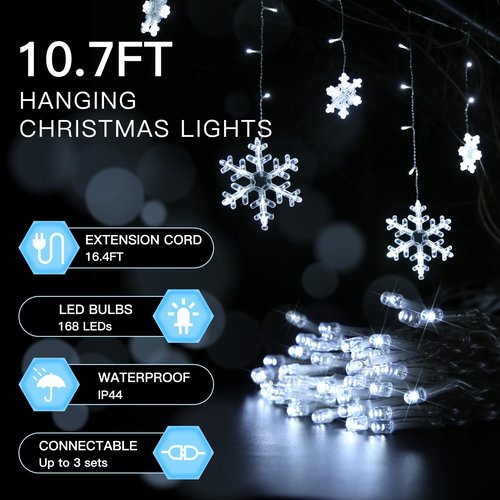 suddus Christmas Snowflake Lights Outdoor, 10.7ft 168 LED Connectable Holiday String Lights Plug in with 14 Drops, Hanging Icicle Lights for Outside, Eaves, House, Window, Yard, Indoor Decor, White
