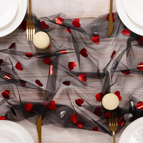 MLMC Heart Valentine's Day Table Runner Black Glitter Gauze Table Runner 120 Inch 10 FT Sheer Metallic Foil Seasonal Centerpiece for Wedding Anniversary Romantic Dinner Table Decor