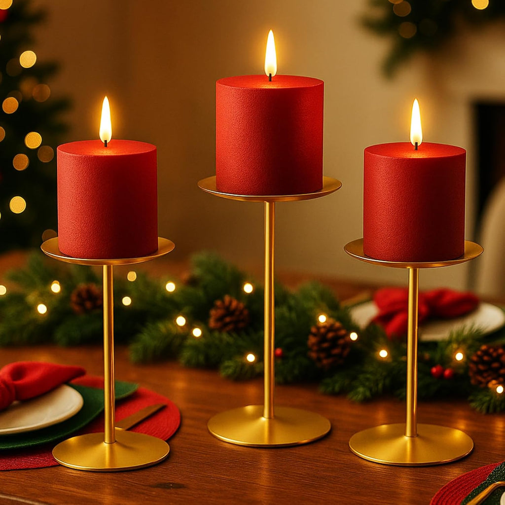 Smtyle Gold Metal Candle Holder Set - Elegant Pillar Candle Holders for Wedding Centerpieces | Set of 3
