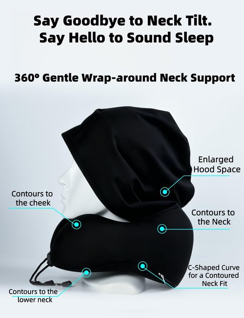ILYISFMTY Travel Neck Pillow with Extra Large Hood Rollable Airplane Hooded Neck Pillow with Memory Foam Filling and Removable, Skin-Friendly Cover with Carrying Case & Pouch (Velvet)