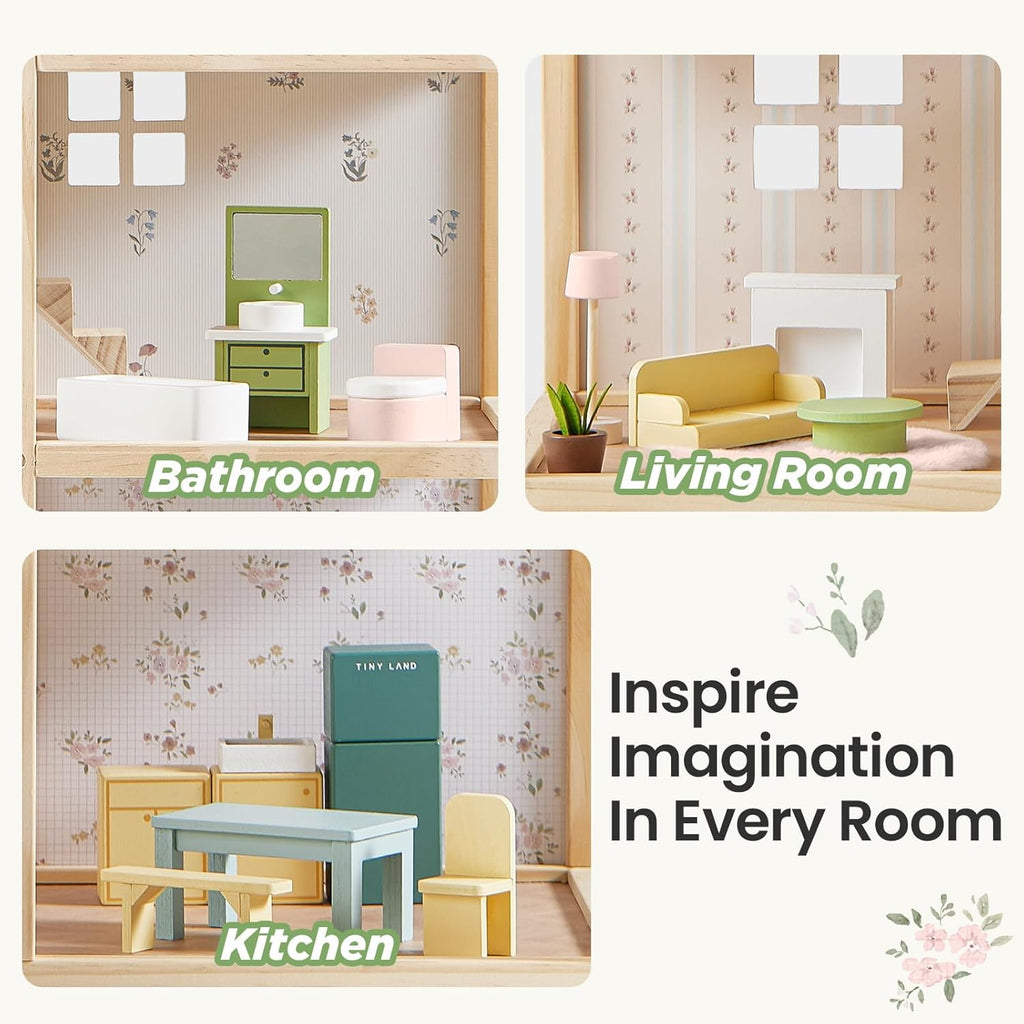 Tiny Land Wooden Dollhouse - 6 Rooms DIY Doll House with 31 Furniture Accessories | Creative Gift for Girls Ages 3+ - Green