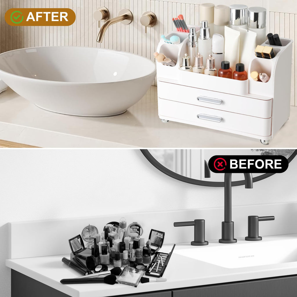 Dozesheep Large Makeup Organizer Countertop with Drawers, Make Up Organizer for Vanity, Makeup Storage Organizer Countertop Makeup Organizers for Skincare, All White